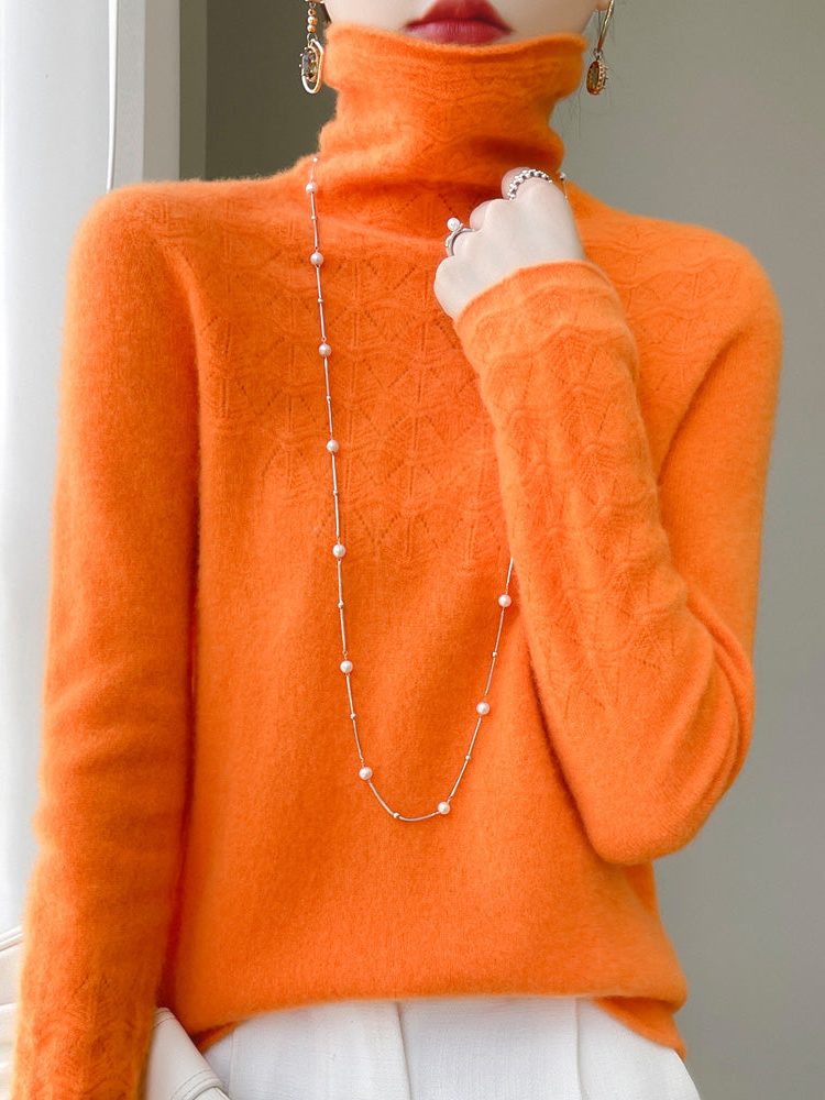 Cashmere Turtleneck Sweater with Textured Knit for Women - Orange
