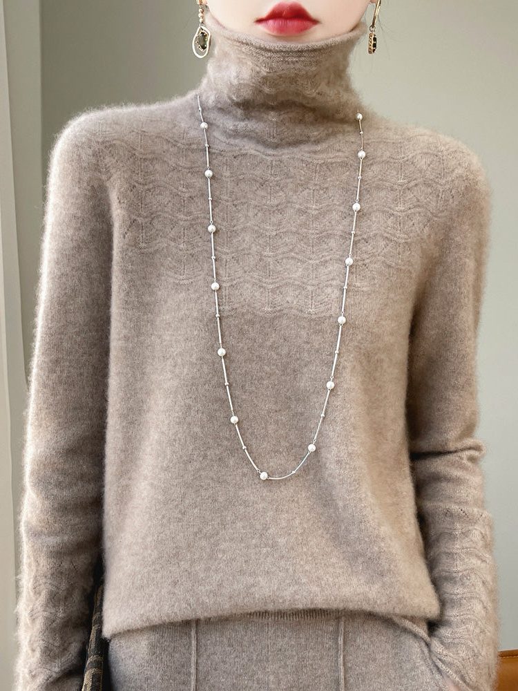 Cashmere Turtleneck Sweater with Textured Knit for Women - Camel