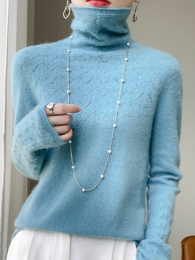 Cashmere Turtleneck Sweater with Textured Knit for Women - Haze Blue