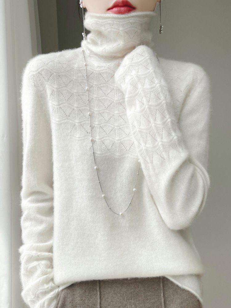 Cashmere Turtleneck Sweater with Textured Knit for Women - View 3