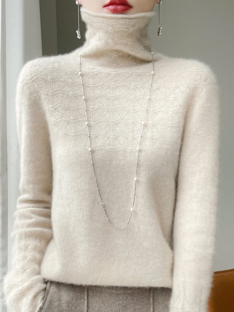 Cashmere Turtleneck Sweater with Textured Knit for Women - Beige