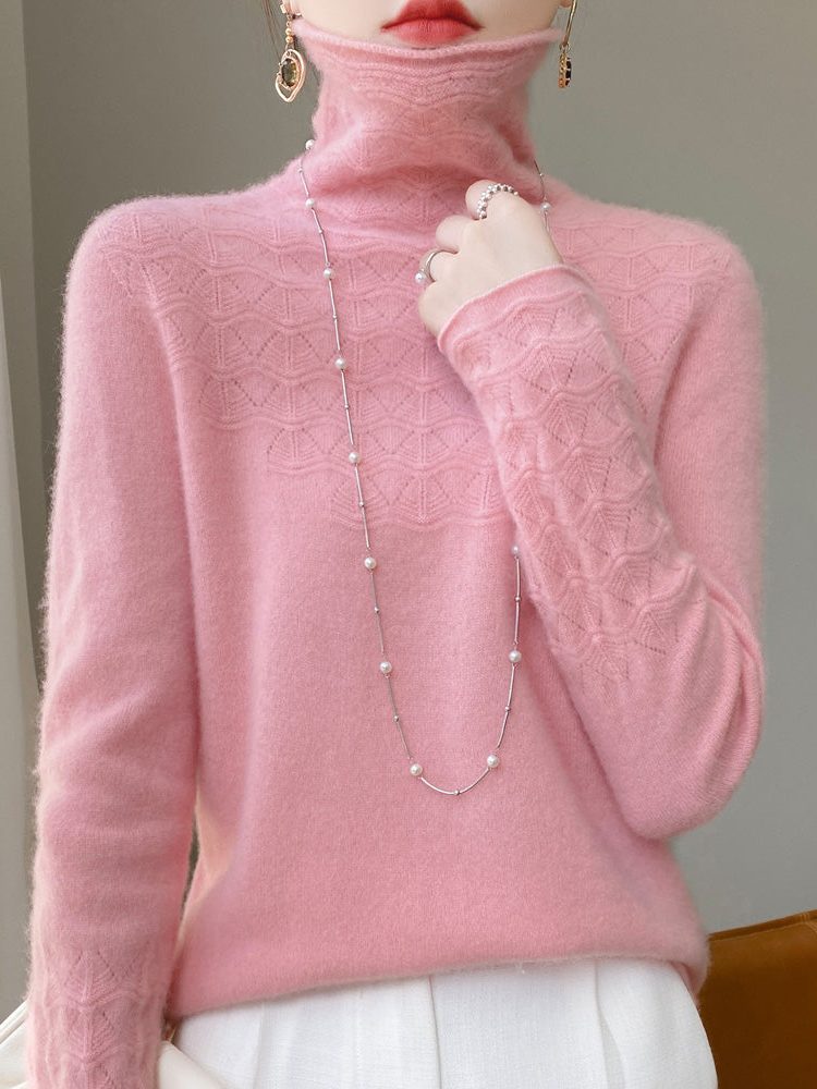 Cashmere Turtleneck Sweater with Textured Knit for Women - Pink
