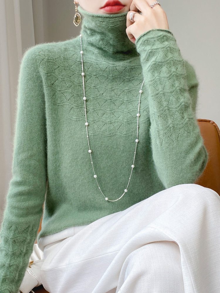 Cashmere Turtleneck Sweater with Textured Knit for Women - Turquoise