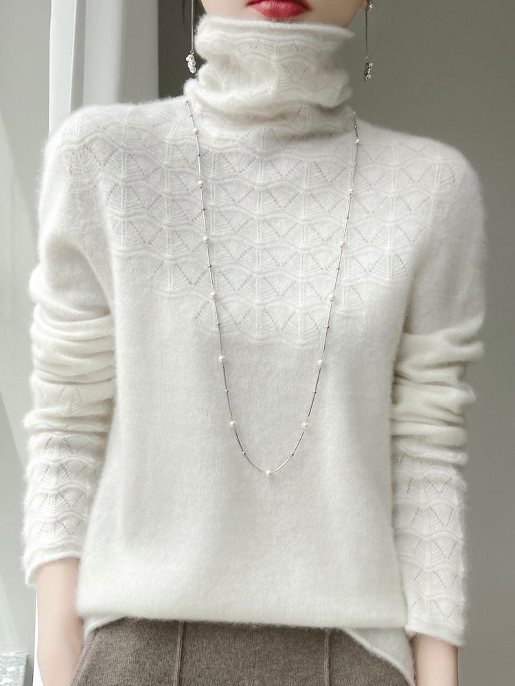Cashmere Turtleneck Sweater with Textured Knit for Women - White