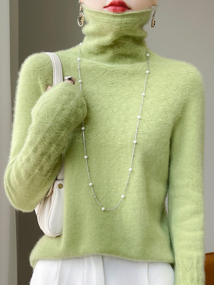 Cashmere Turtleneck Sweater with Textured Knit for Women - Light Green