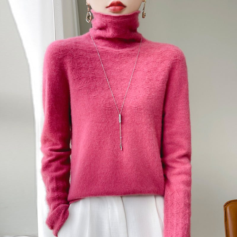 Cashmere Turtleneck Sweater with Textured Knit for Women - Pink1