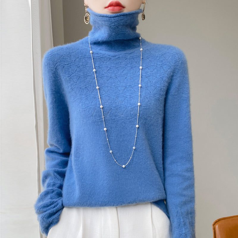 Cashmere Turtleneck Sweater with Textured Knit for Women - Blue