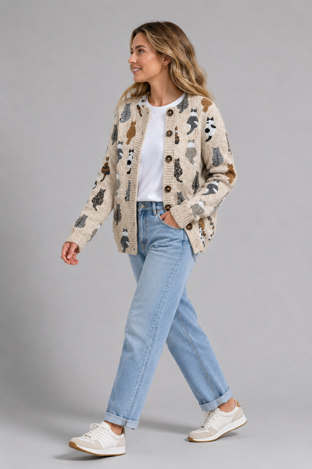 Cat Print Cardigan with Button-Down for Women