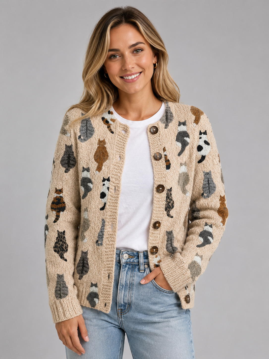 Cat Print Cardigan with Button-Down for Women