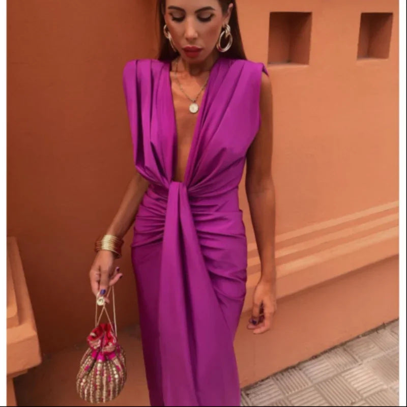 Ruched V-Neck Sleeveless Dress for Women