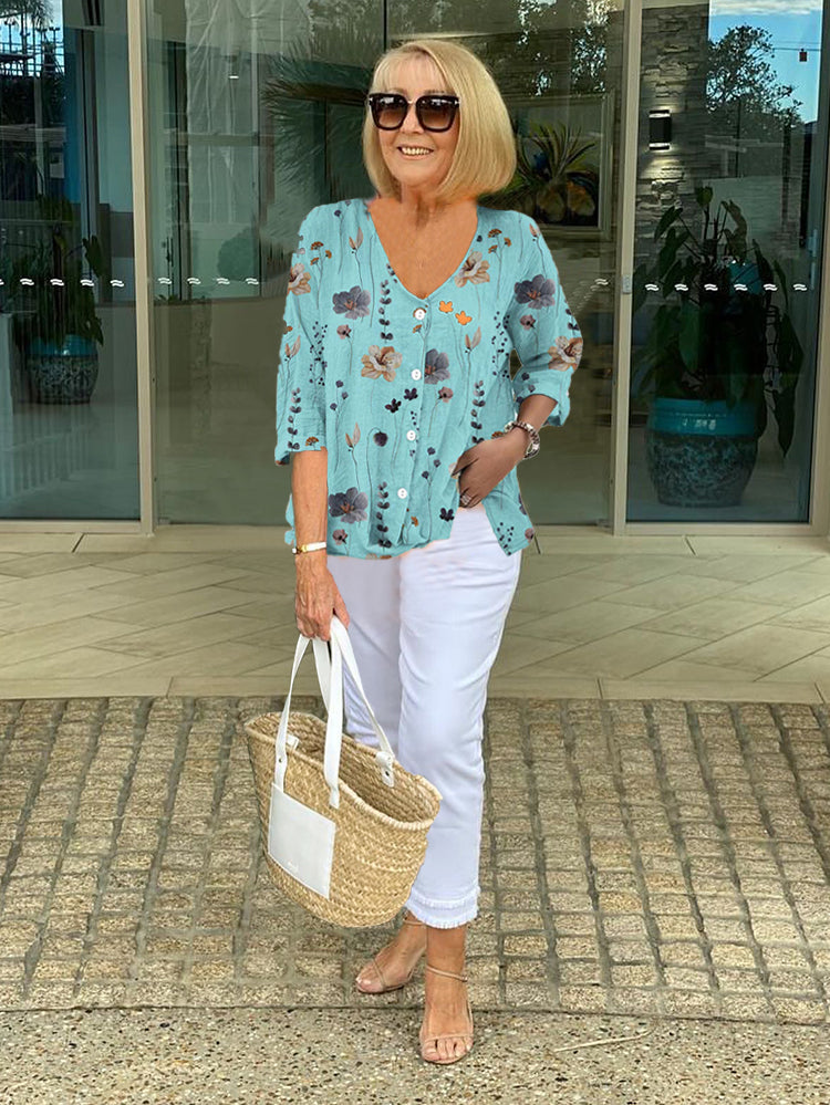 Floral Three-Quarter Sleeve V-Neck Blouse for Women
