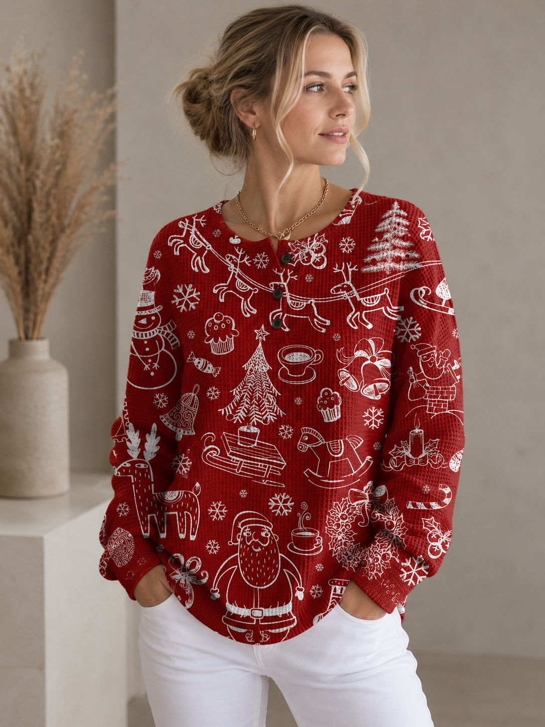 Christmas Print Waffle Knit Sweater with Crew Neck for Women