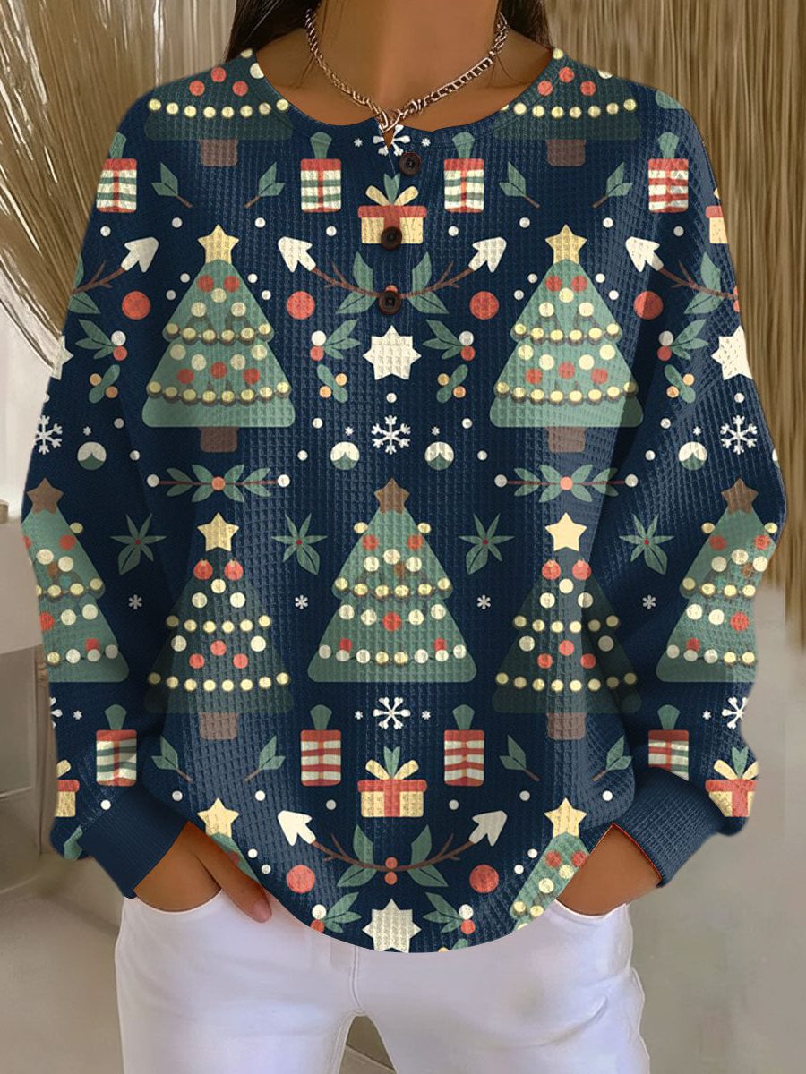Christmas Tree Print Crew Neck  Sweater for Women