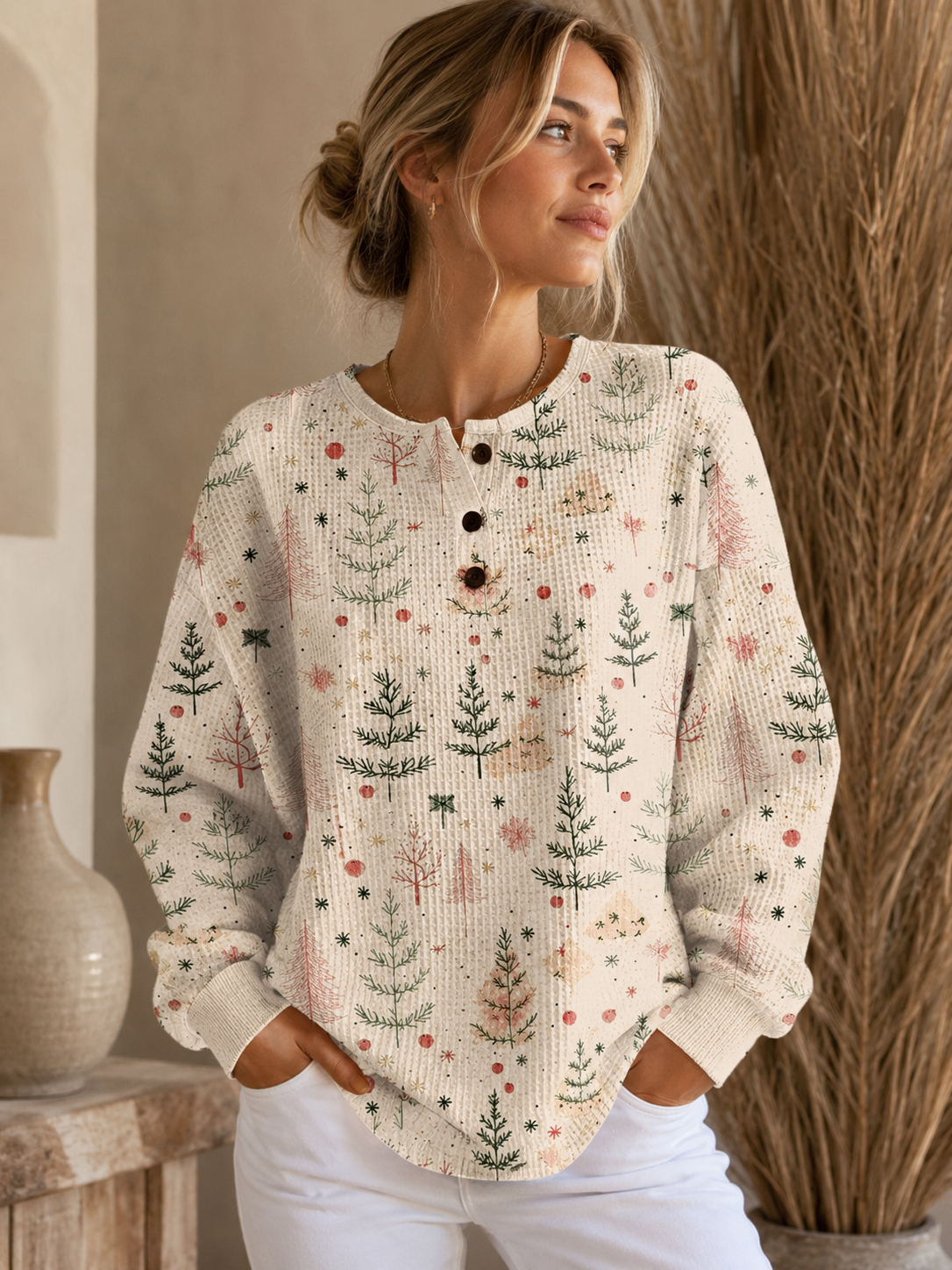 Ribbed Knit Button-Up  sweater with Christmas Tree Print for Women