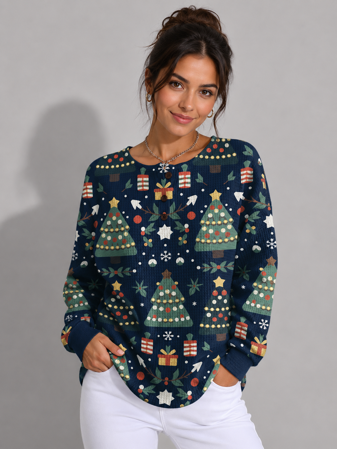 Christmas Tree Print Sweater with Crew Neck for Women
