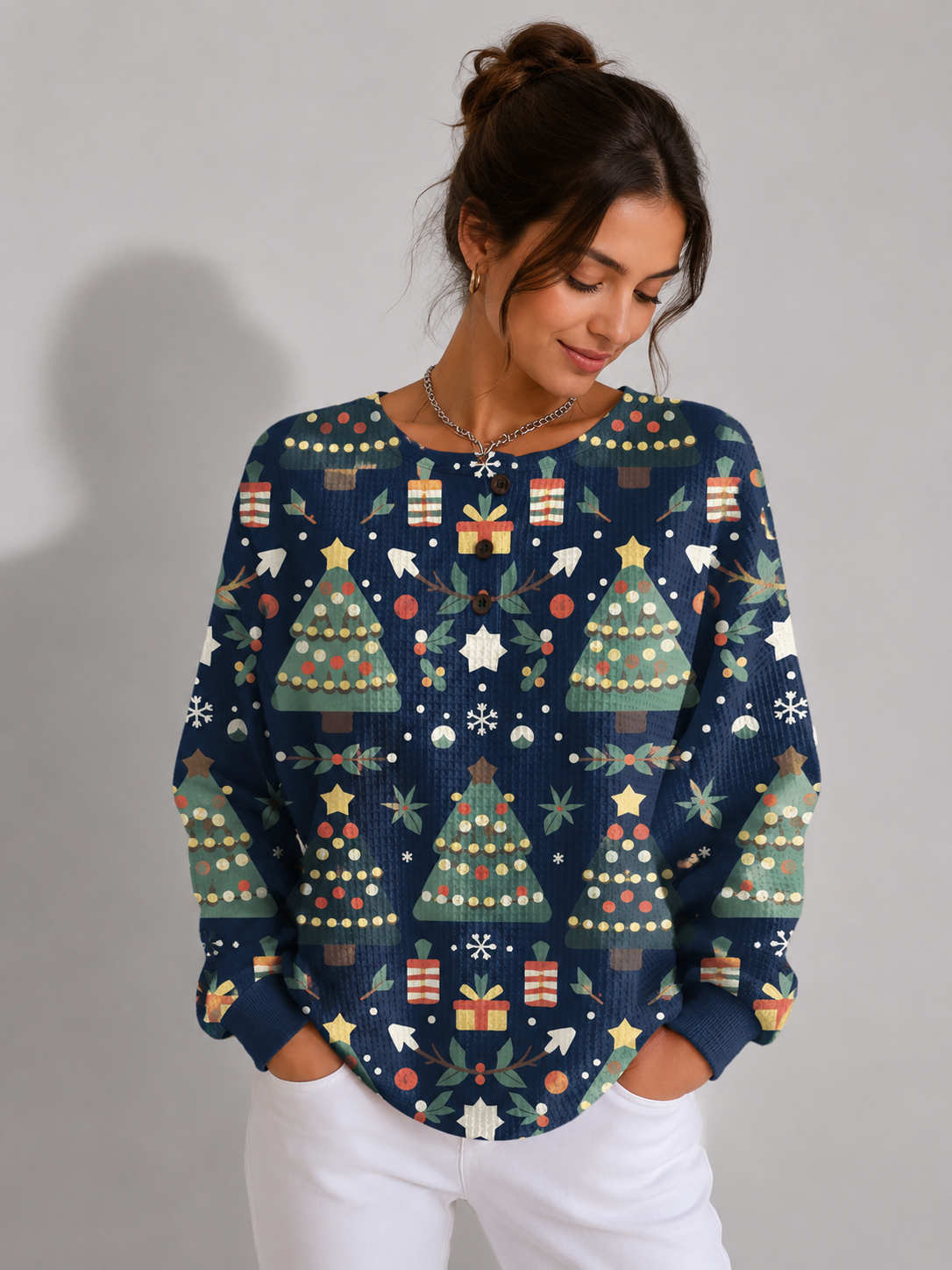 Christmas Tree Print Crew Neck  Sweater for Women