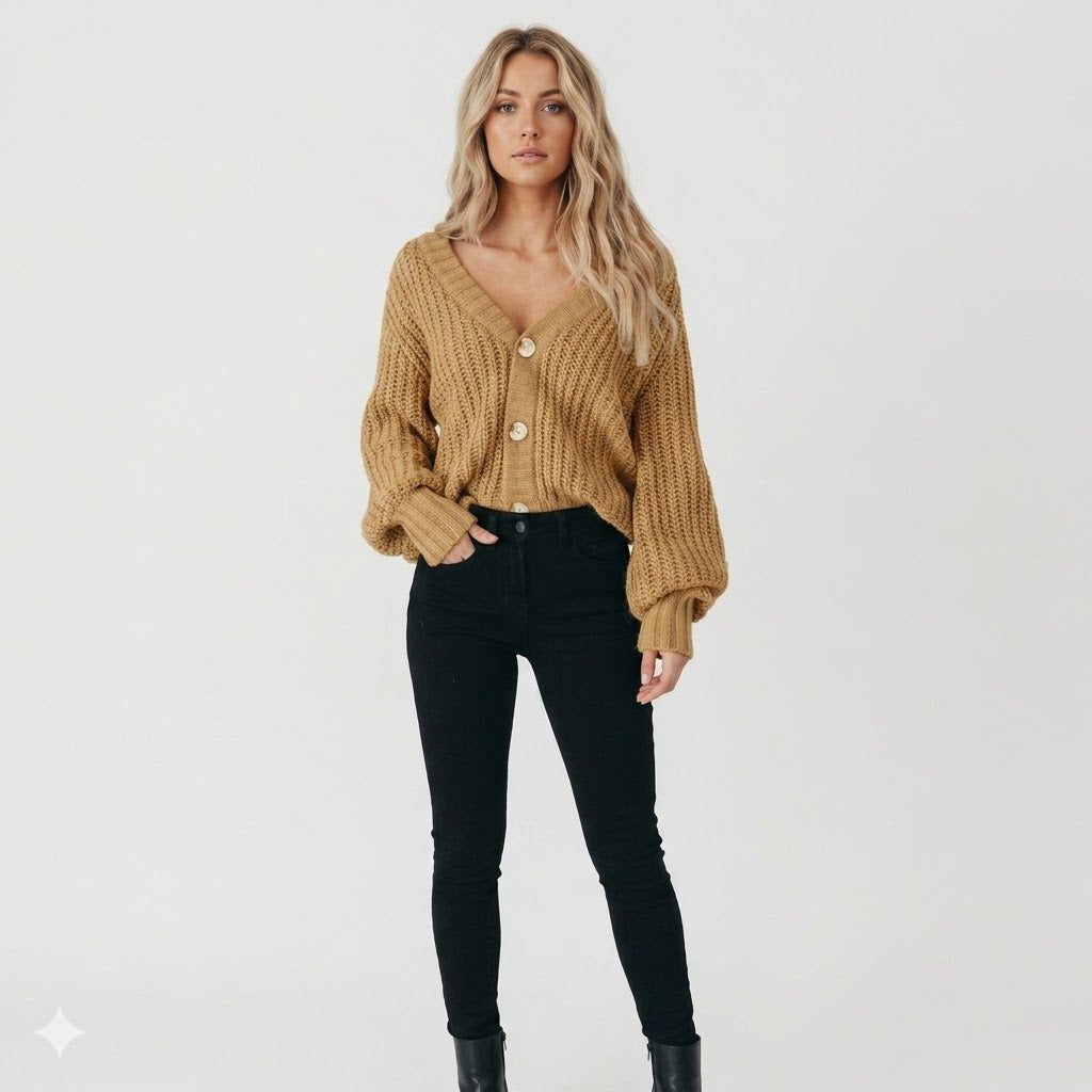 Chunky Knit Button-Down Cardigan for Women