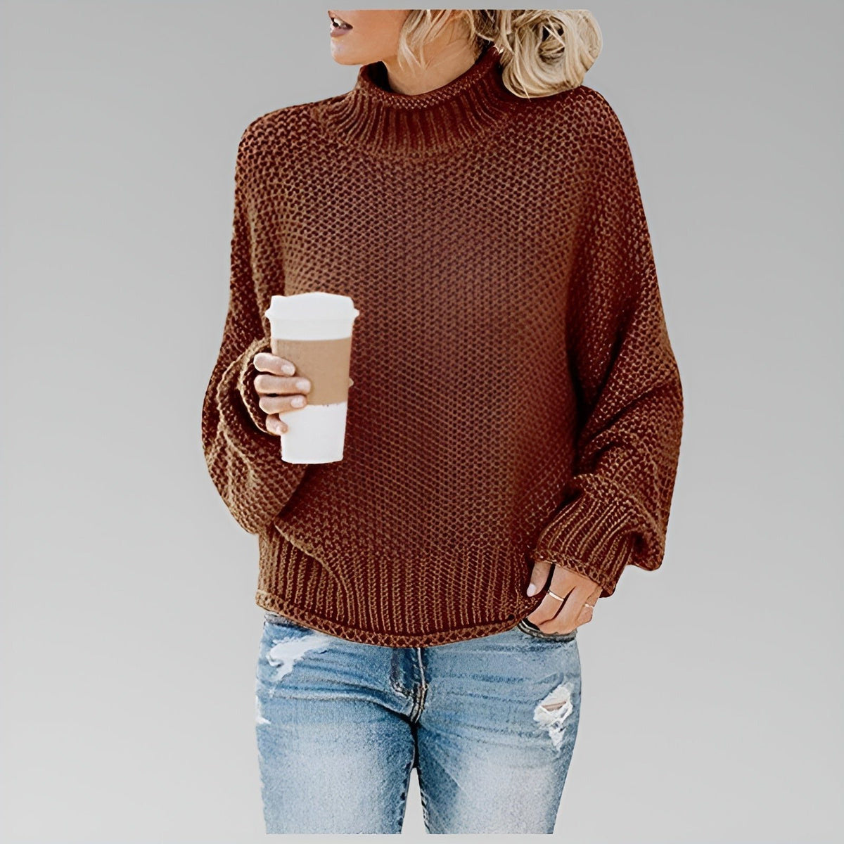 Chunky Knit Oversized Turtleneck Jumper for Women - Brown