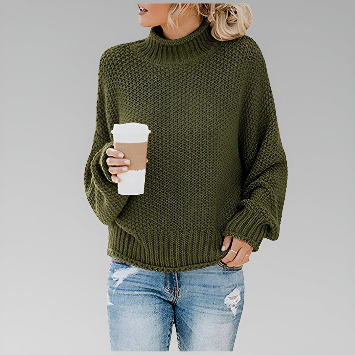 Chunky Knit Oversized Turtleneck Jumper for Women - Green