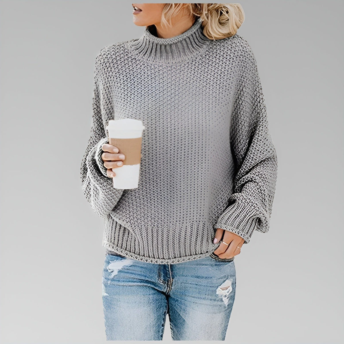 Chunky Knit Oversized Turtleneck Jumper for Women - Gray