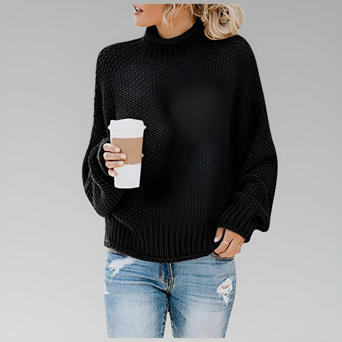 Chunky Knit Oversized Turtleneck Jumper for Women - Black