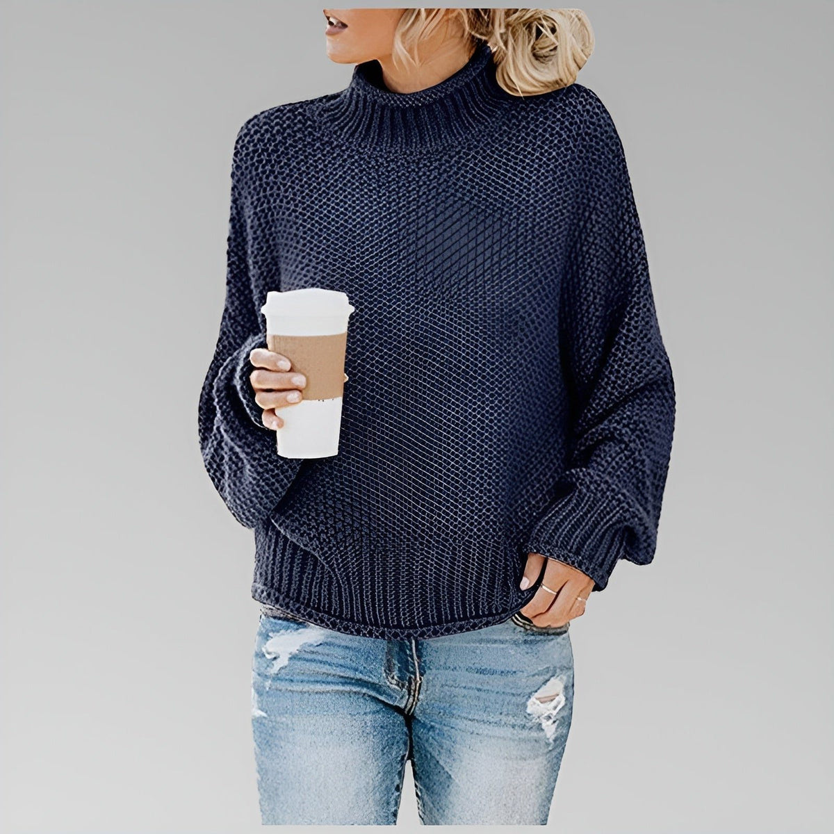Chunky Knit Oversized Turtleneck Jumper for Women - Royal Blue