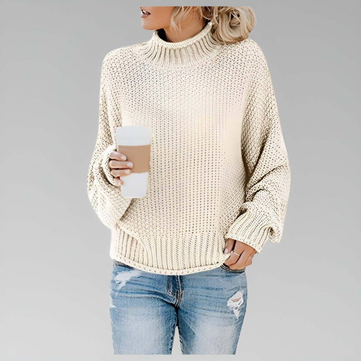 Chunky Knit Oversized Turtleneck Jumper for Women - White