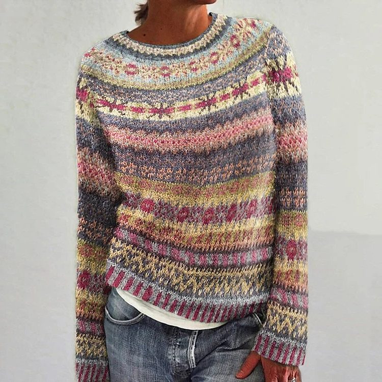 Chunky Knit Patterned Crew Neck Sweater for Women