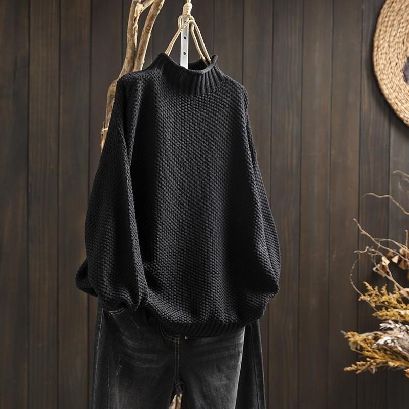 Chunky Knit Wool Sweater with Crew Neck for Women - Black