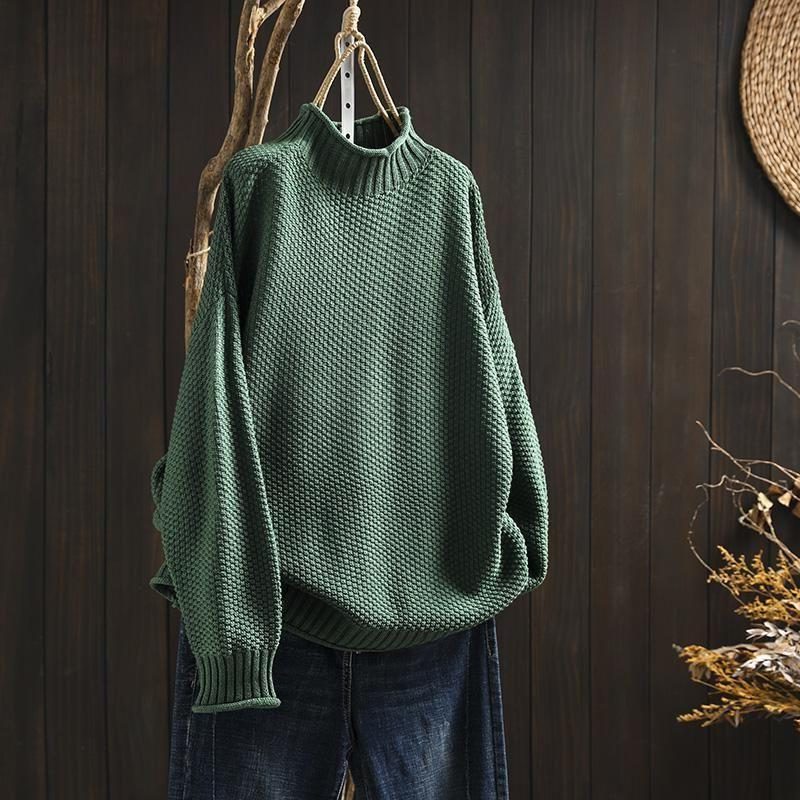Chunky Knit Wool Sweater with Crew Neck for Women - Green