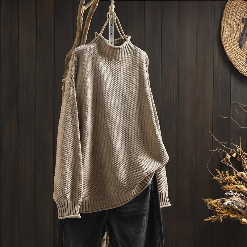 Chunky Knit Wool Sweater with Crew Neck for Women - Beige