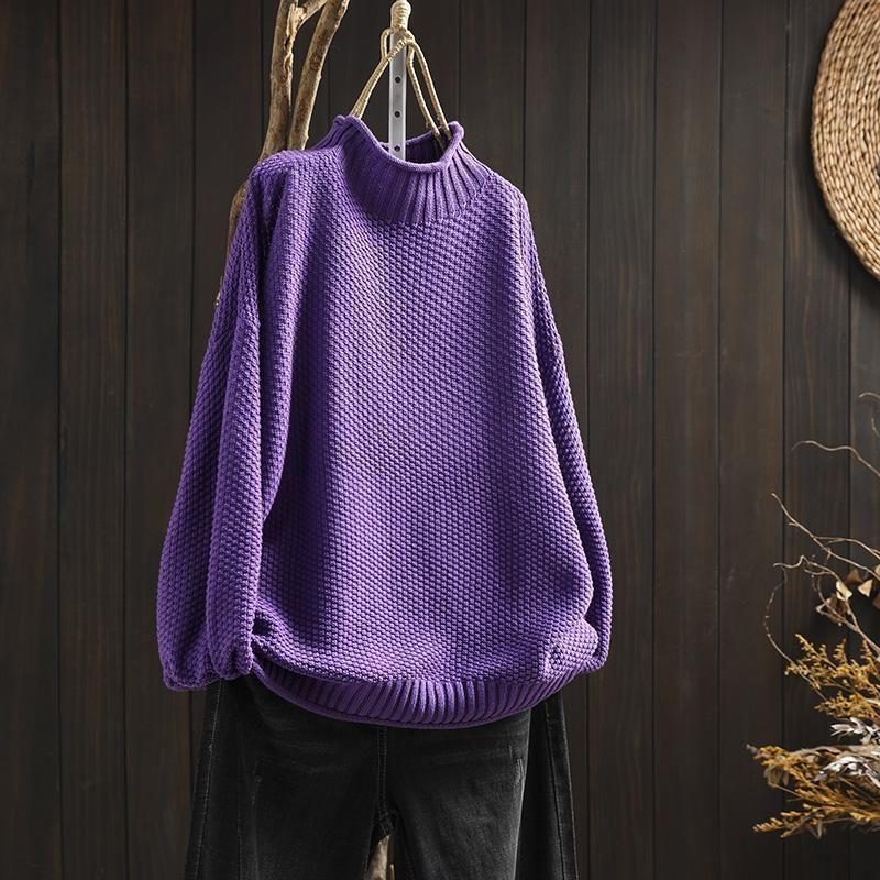 Chunky Knit Wool Sweater with Crew Neck for Women - Purple