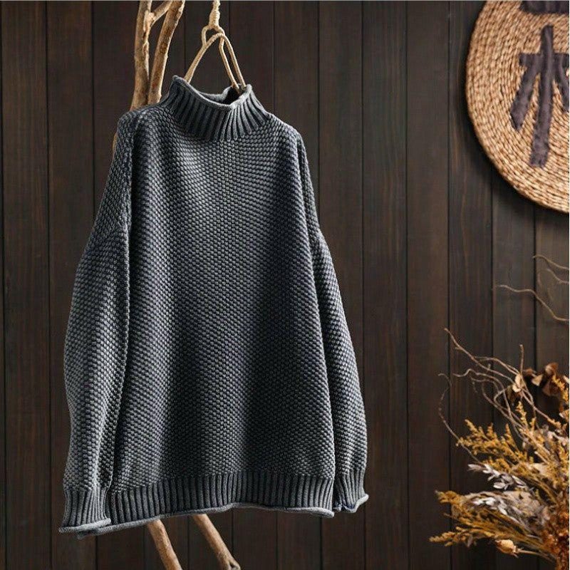 Chunky Knit Wool Sweater with Crew Neck for Women - Grey
