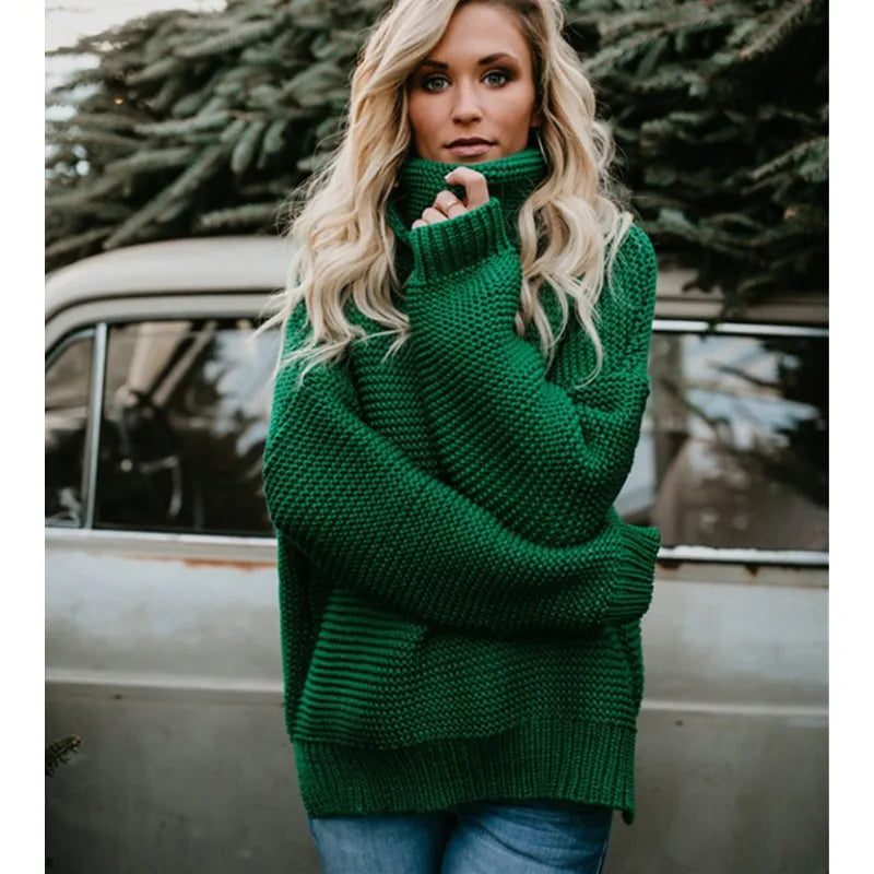 Chunky Ribbed Knit Turtleneck Sweater for Women