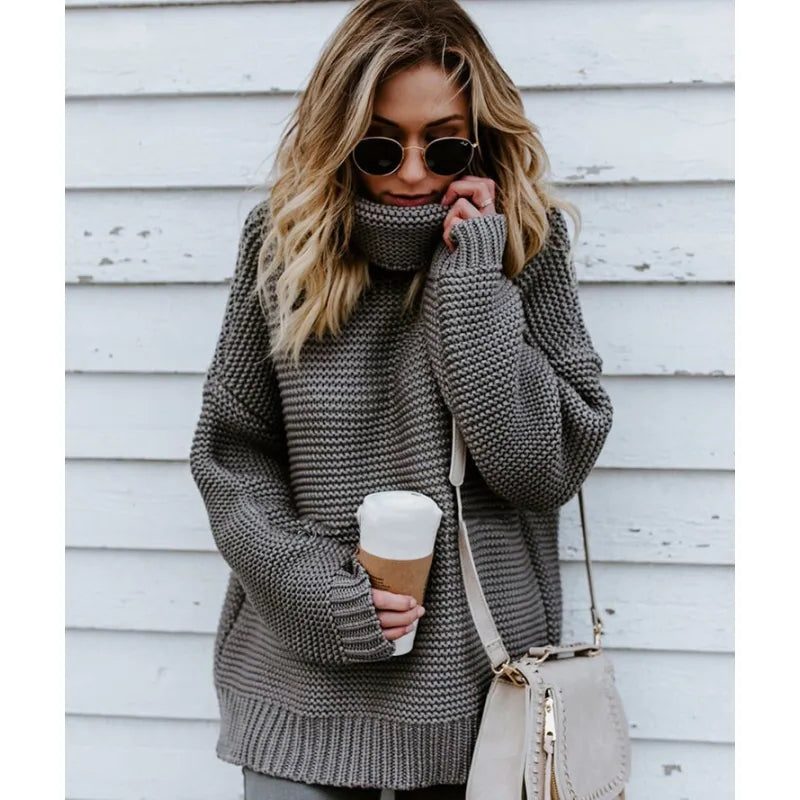 Chunky Ribbed Knit Turtleneck Sweater for Women - Grey
