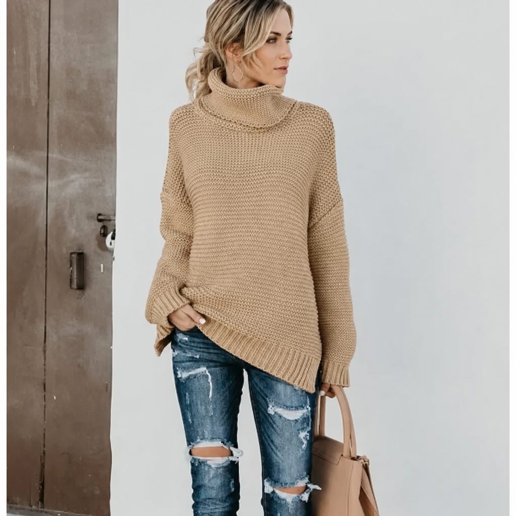 Chunky Ribbed Knit Turtleneck Sweater for Women - Khaki