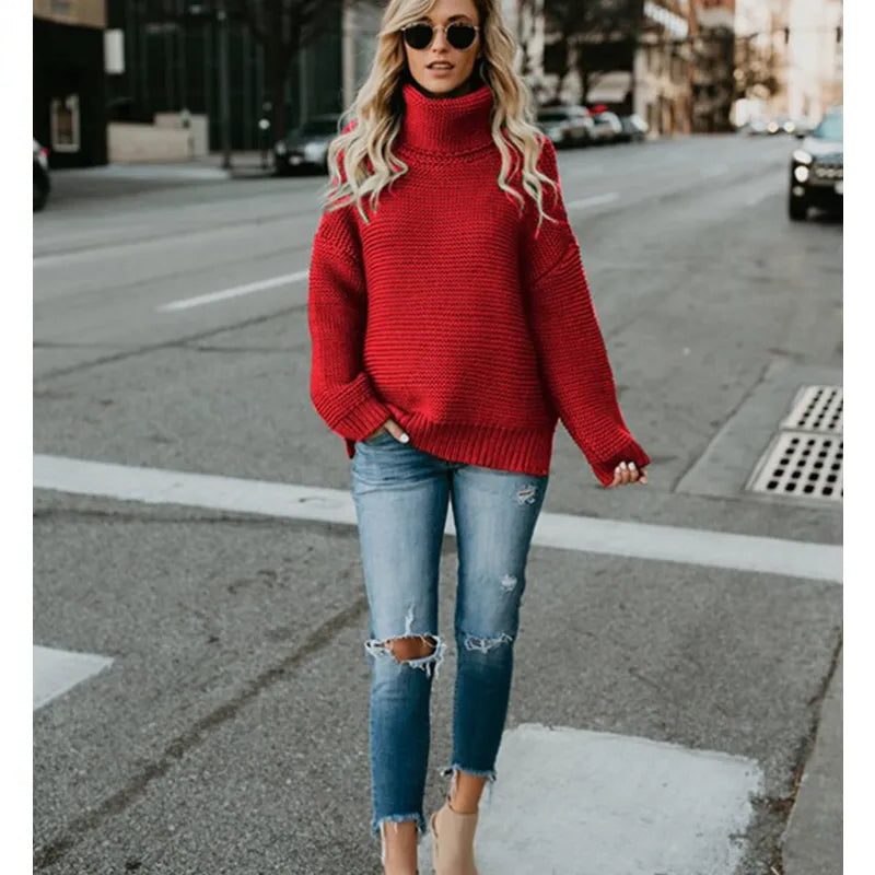 Chunky Ribbed Knit Turtleneck Sweater for Women - Red