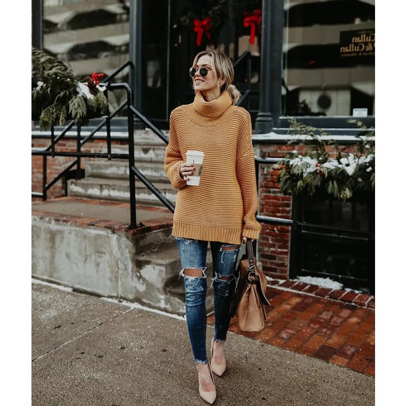 Chunky Ribbed Knit Turtleneck Sweater for Women - Orange