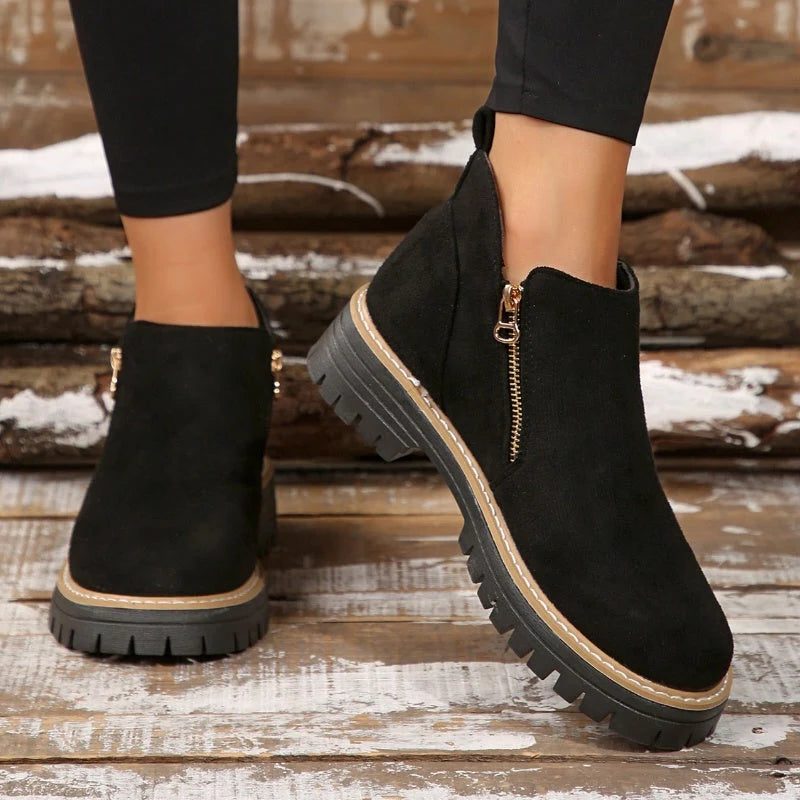 Chunky Tread Ankle Boots with Side Zip for Women - Black