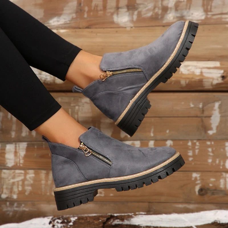 Chunky Tread Ankle Boots with Side Zip for Women - Gray