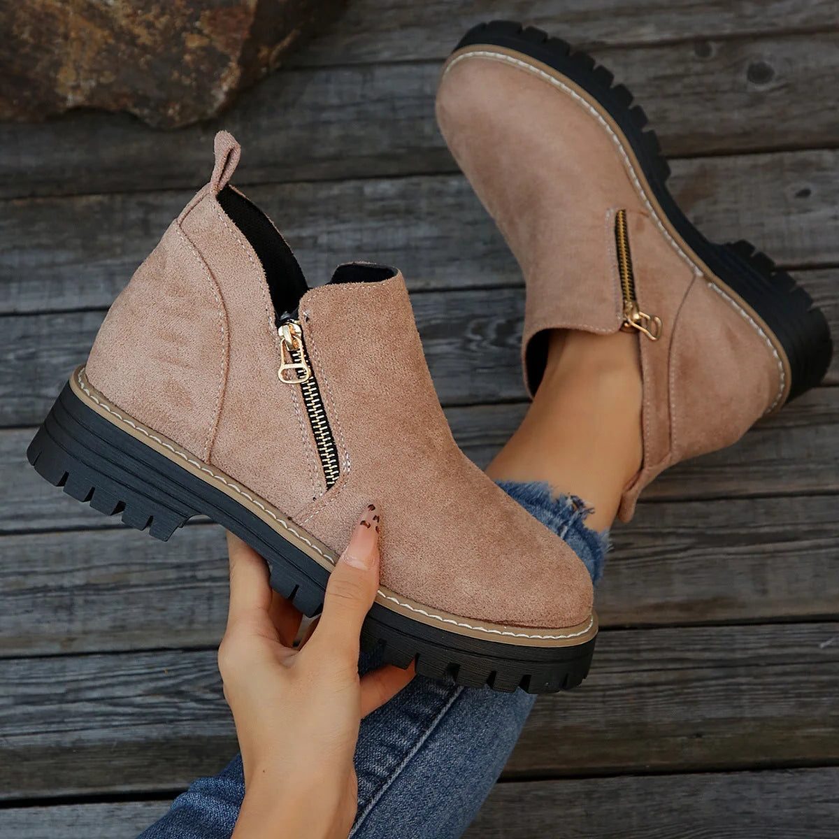 Chunky Tread Ankle Boots with Side Zip for Women - Pink