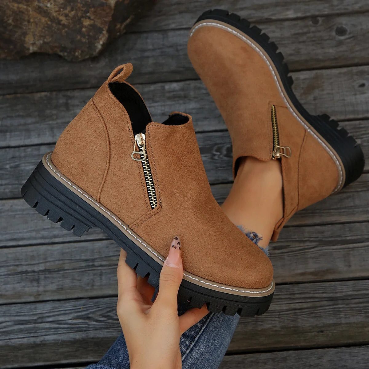 Chunky Tread Ankle Boots with Side Zip for Women - Brown