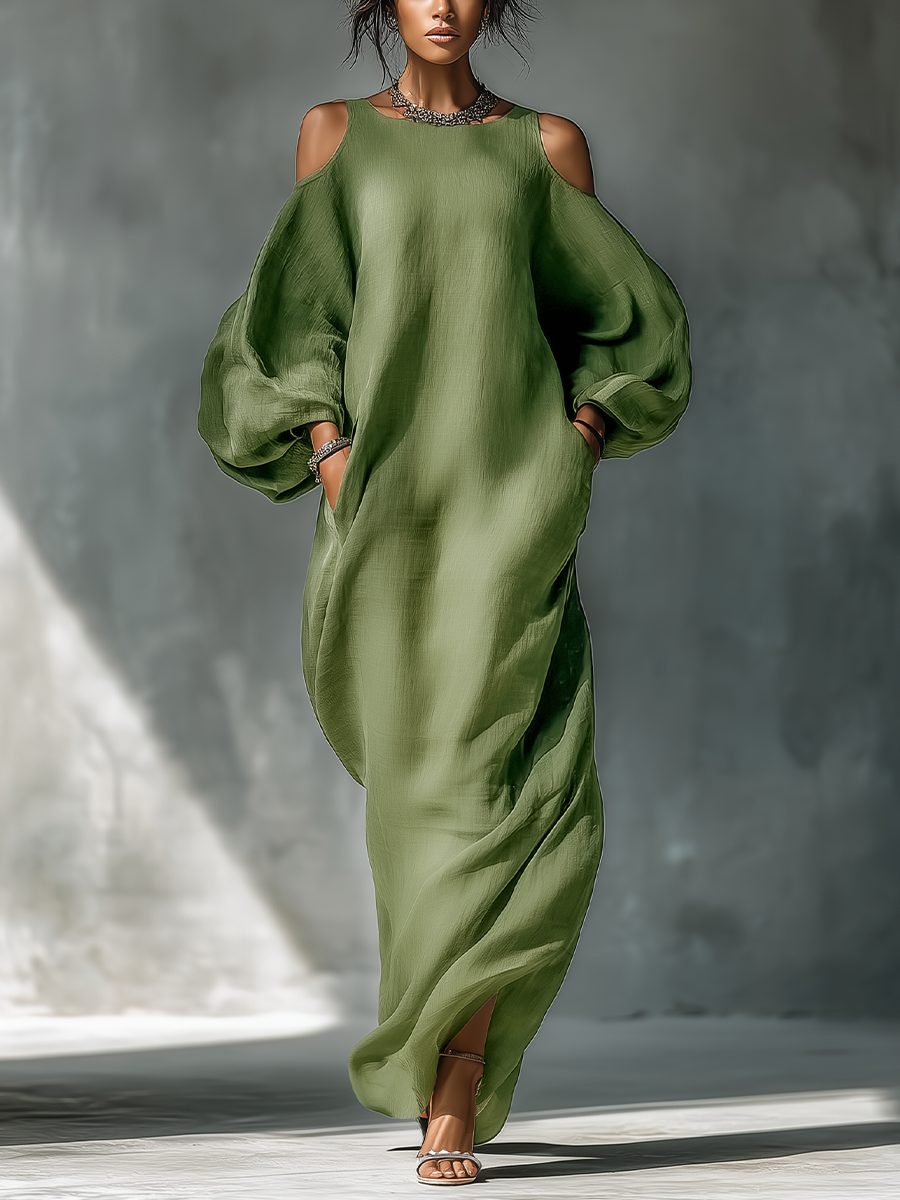 Cold-Shoulder Maxi Dress with Oversized Puff Sleeves for Women