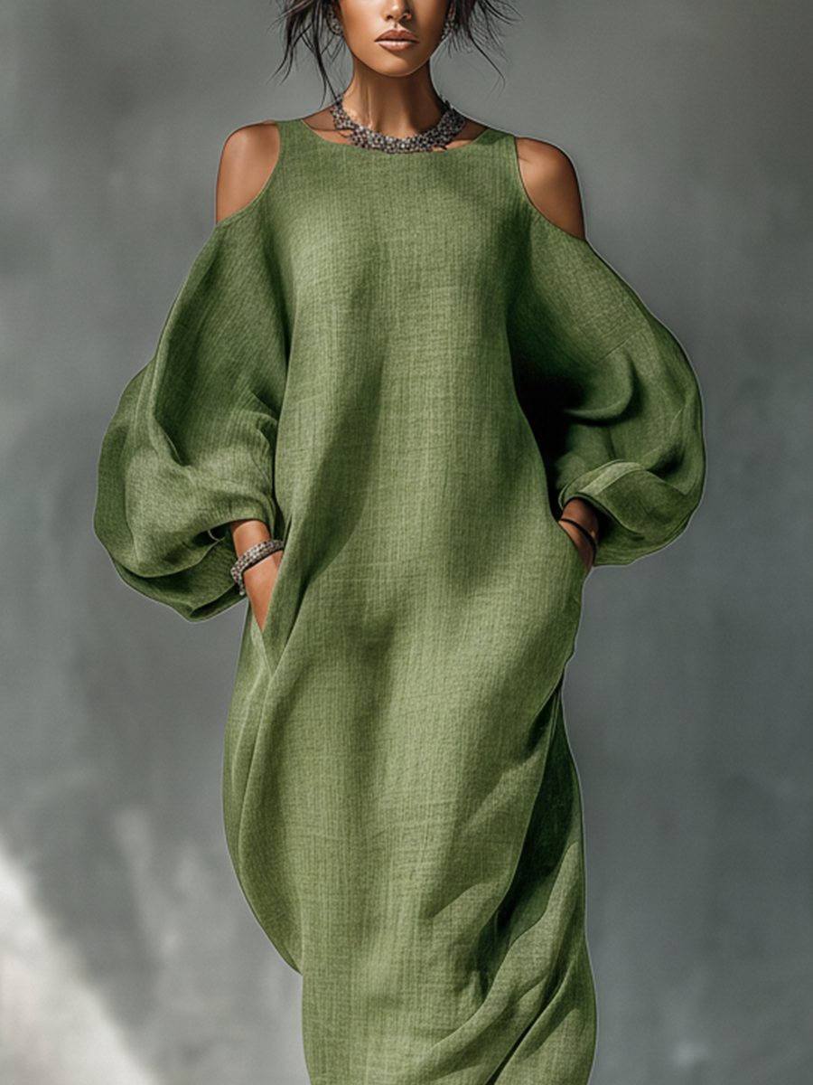 Cold-Shoulder Maxi Dress with Oversized Puff Sleeves for Women - View 4