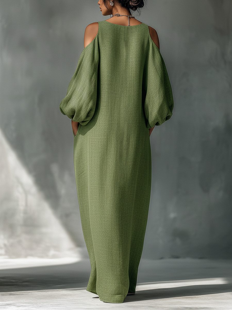 Cold-Shoulder Maxi Dress with Oversized Puff Sleeves for Women - View 6