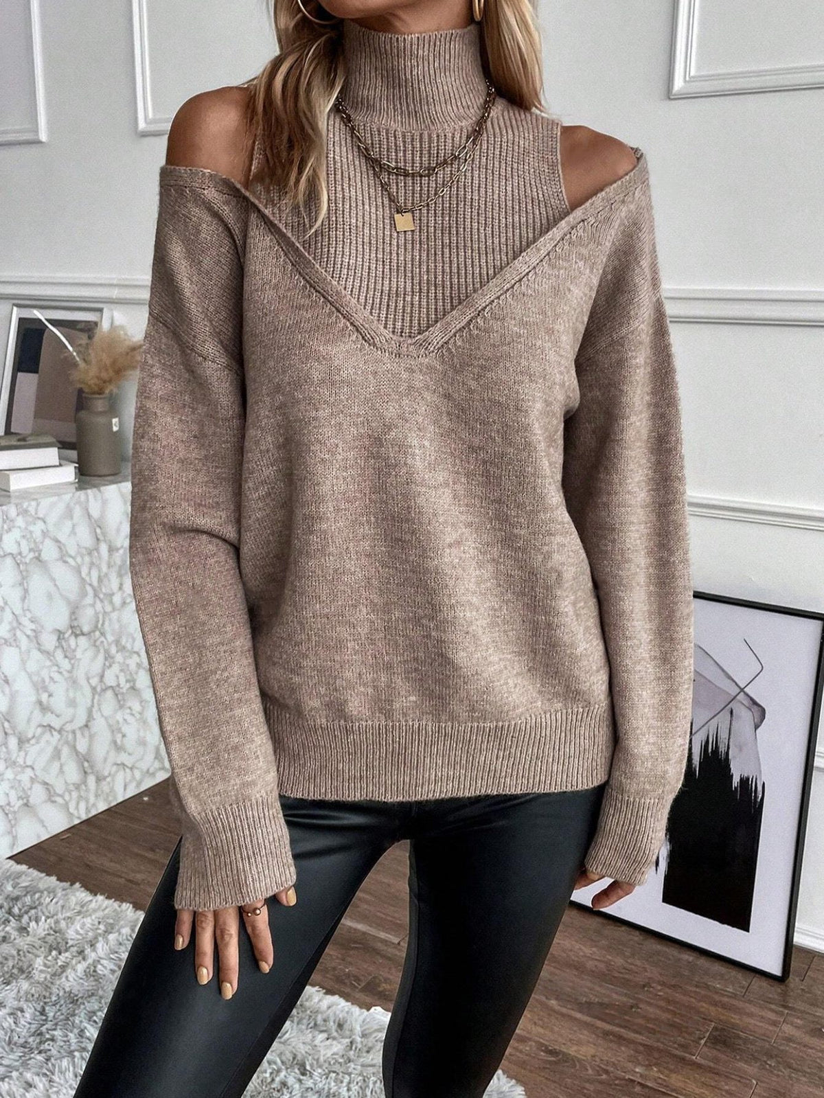 Cold Shoulder Ribbed Knit Turtleneck Sweater for Women | Cabot Cove