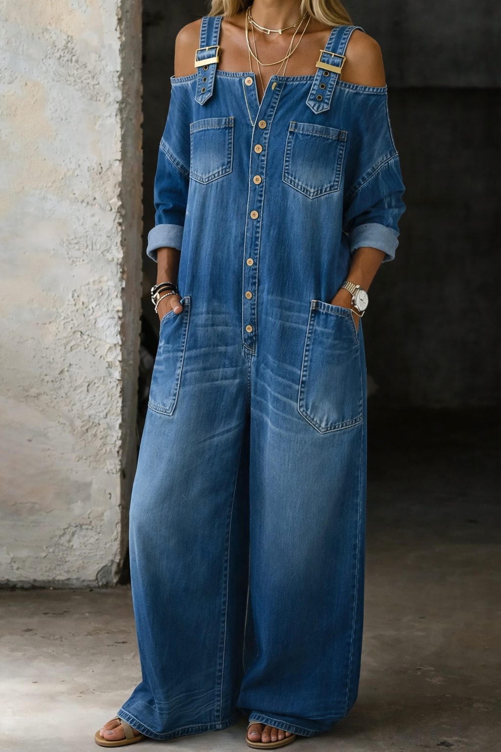Cold Shoulder Wide Leg Denim Jumpsuit for Women