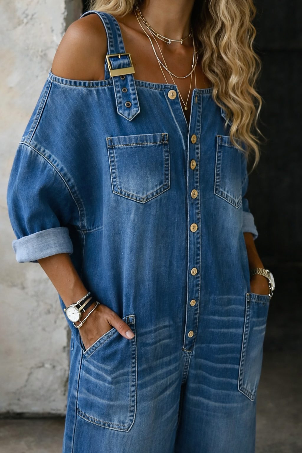 Cold Shoulder Wide Leg Denim Jumpsuit for Women