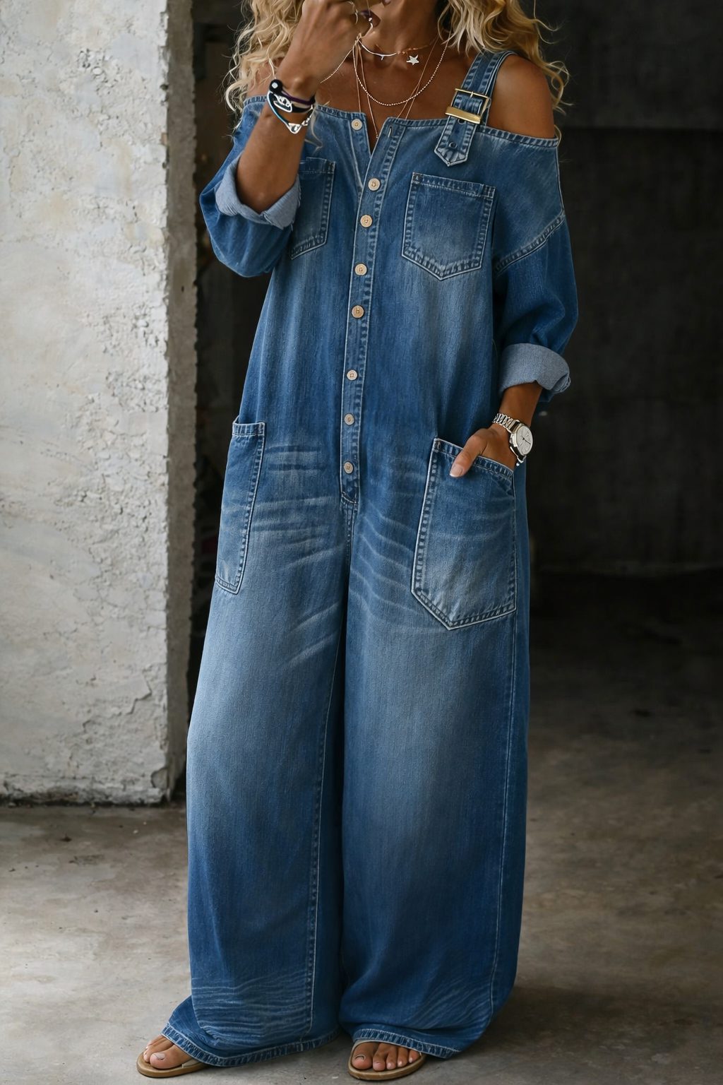 Cold Shoulder Wide Leg Denim Jumpsuit for Women - View 4