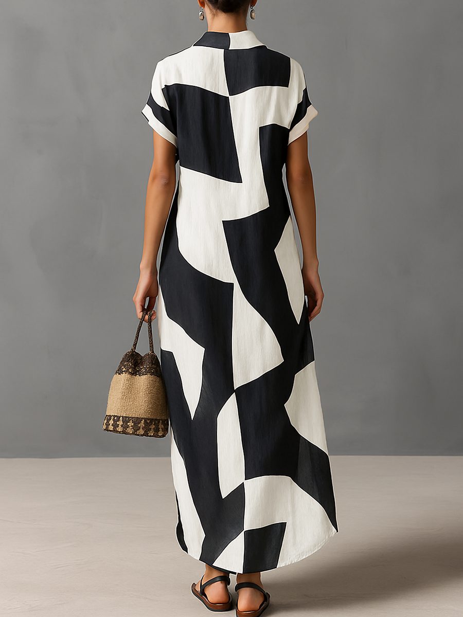 Cotton Linen Blend Geometric Print Lapel Maxi Shirt Dress for Women